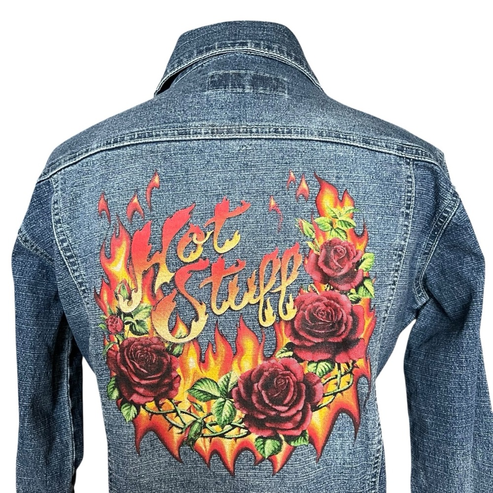 VINTAGE Y2K Women’s Rhinestone Bling Flame Graphic Denim Jean Jacket Sz 8